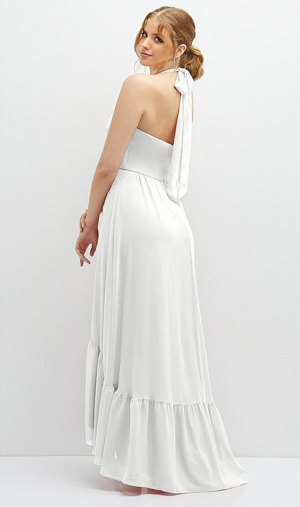 Back View - White Chiffon Halter High-Low Dress with Deep Ruffle Hem
