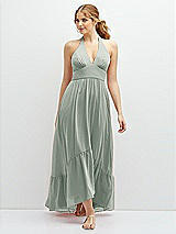 Front View Thumbnail - Willow Green Chiffon Halter High-Low Dress with Deep Ruffle Hem