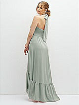 Rear View Thumbnail - Willow Green Chiffon Halter High-Low Dress with Deep Ruffle Hem