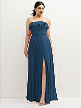 Front View Thumbnail - Dusk Blue Tiered Ruffle Neck Strapless Maxi Dress with Front Slit