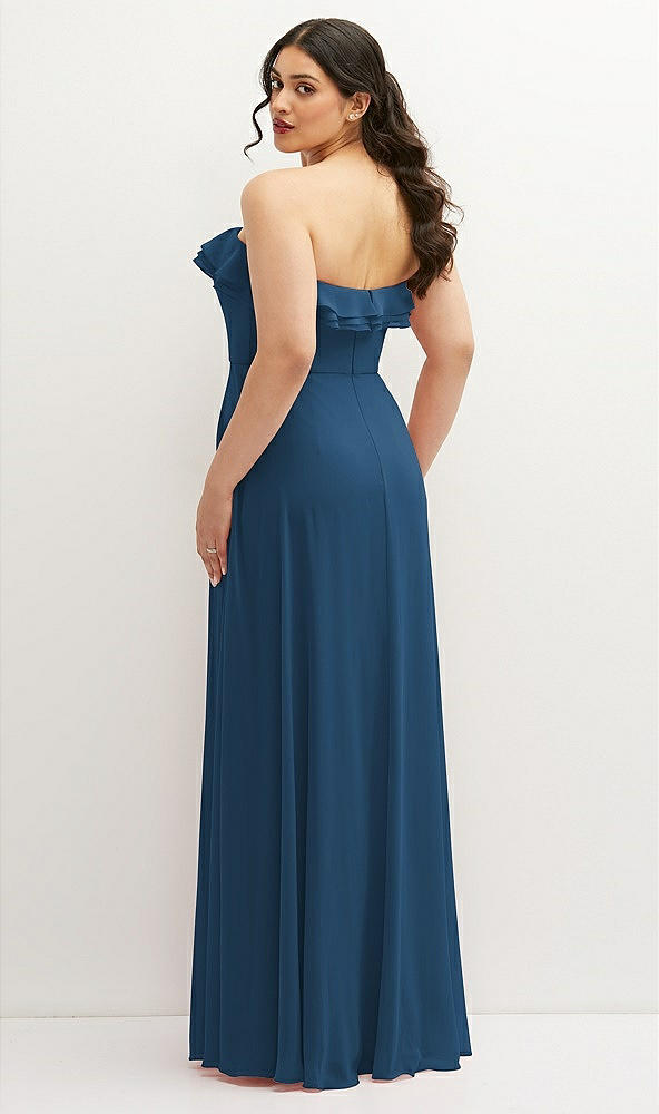 Back View - Dusk Blue Tiered Ruffle Neck Strapless Maxi Dress with Front Slit