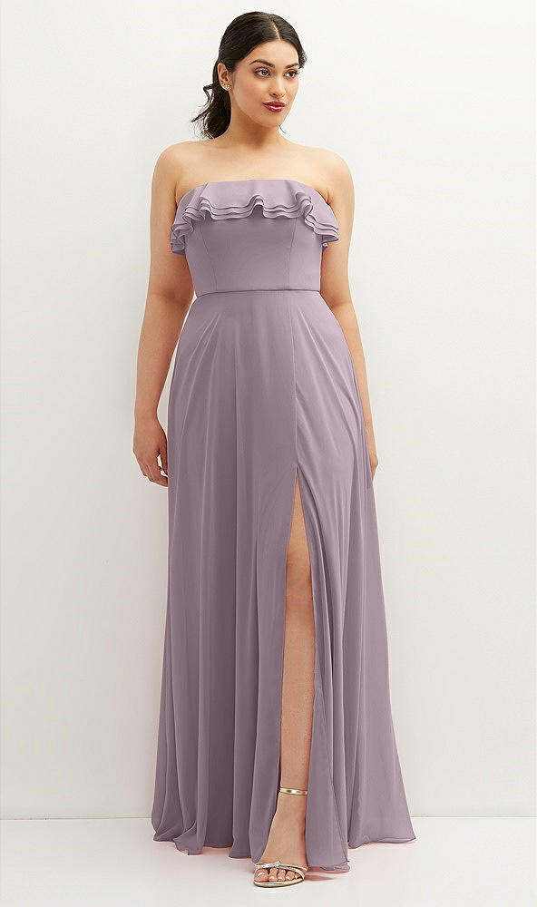 Front View - Lilac Dusk Tiered Ruffle Neck Strapless Maxi Dress with Front Slit
