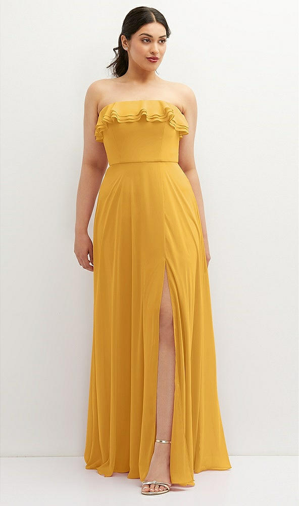 Front View - NYC Yellow Tiered Ruffle Neck Strapless Maxi Dress with Front Slit