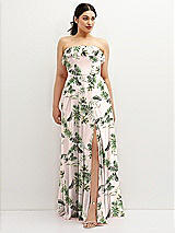 Front View Thumbnail - Palm Beach Print Tiered Ruffle Neck Strapless Maxi Dress with Front Slit