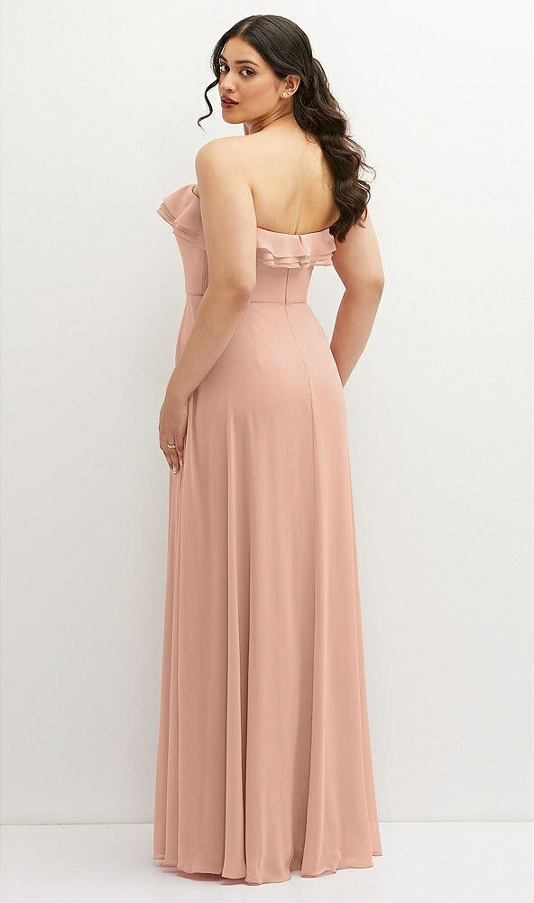 Back View - Pale Peach Tiered Ruffle Neck Strapless Maxi Dress with Front Slit