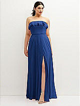 Front View Thumbnail - Classic Blue Tiered Ruffle Neck Strapless Maxi Dress with Front Slit