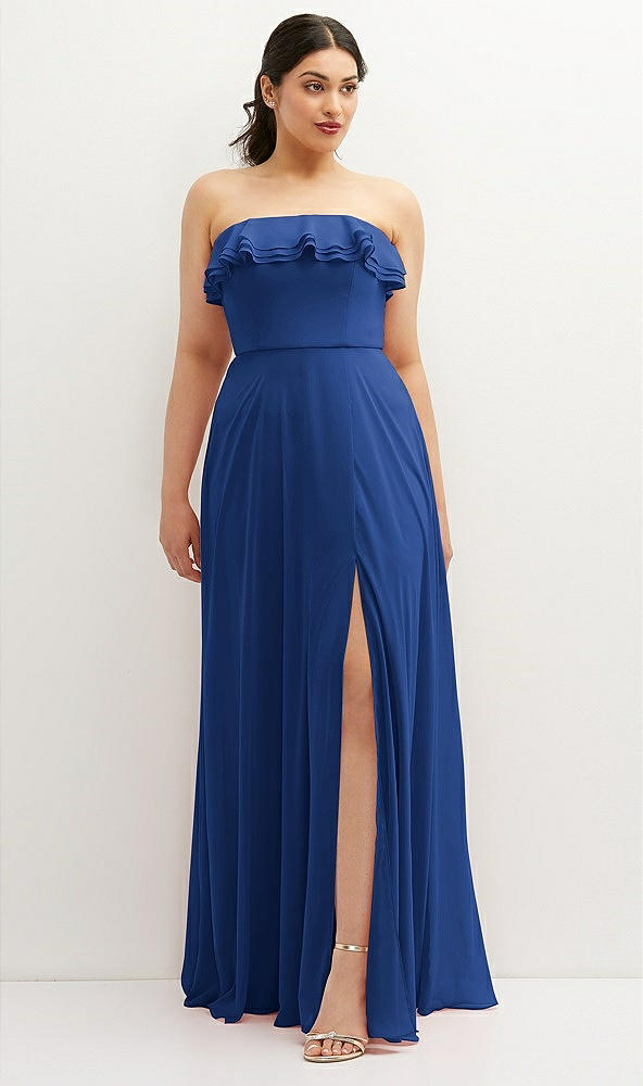 Front View - Classic Blue Tiered Ruffle Neck Strapless Maxi Dress with Front Slit