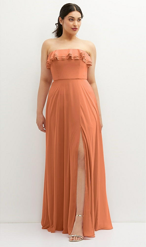 Front View - Sweet Melon Tiered Ruffle Neck Strapless Maxi Dress with Front Slit