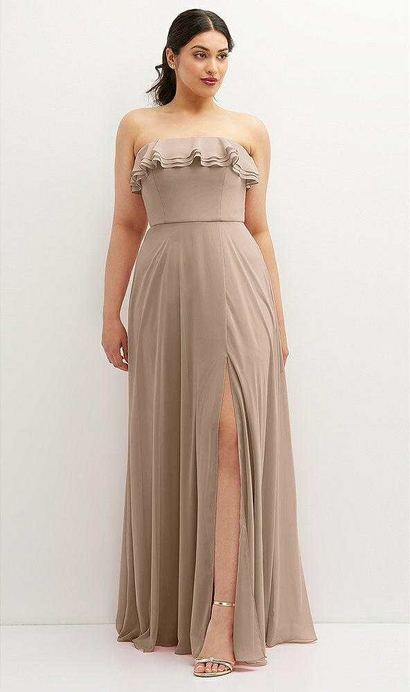 Front View - Topaz Tiered Ruffle Neck Strapless Maxi Dress with Front Slit