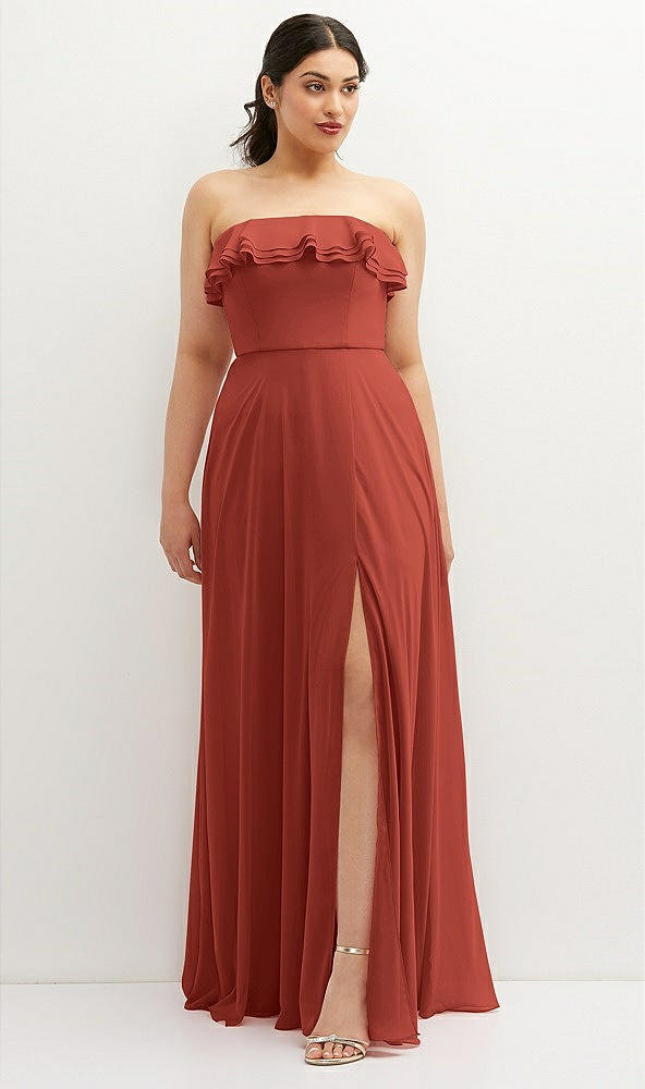 Front View - Amber Sunset Tiered Ruffle Neck Strapless Maxi Dress with Front Slit
