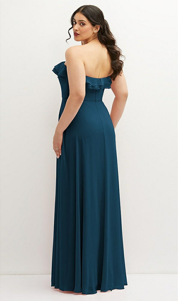 Back View - Atlantic Blue Tiered Ruffle Neck Strapless Maxi Dress with Front Slit