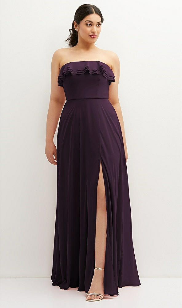 Front View - Aubergine Tiered Ruffle Neck Strapless Maxi Dress with Front Slit