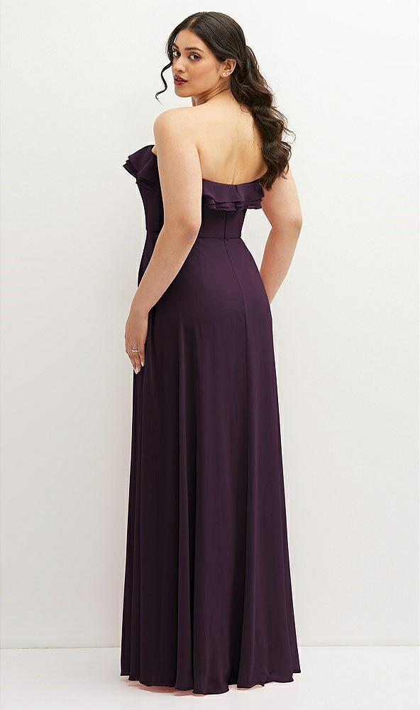 Back View - Aubergine Tiered Ruffle Neck Strapless Maxi Dress with Front Slit