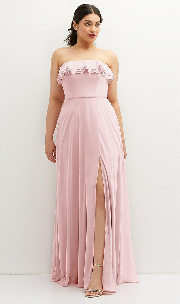 Front View - Ballet Pink Tiered Ruffle Neck Strapless Maxi Dress with Front Slit