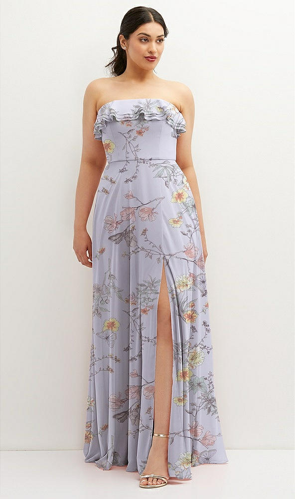 Front View - Butterfly Botanica Silver Dove Tiered Ruffle Neck Strapless Maxi Dress with Front Slit