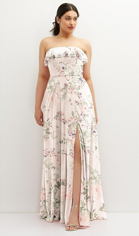 Front View - Blush Garden Tiered Ruffle Neck Strapless Maxi Dress with Front Slit