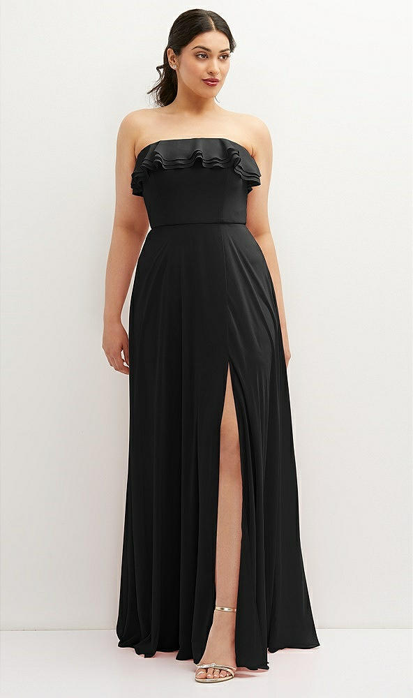 Front View - Black Tiered Ruffle Neck Strapless Maxi Dress with Front Slit