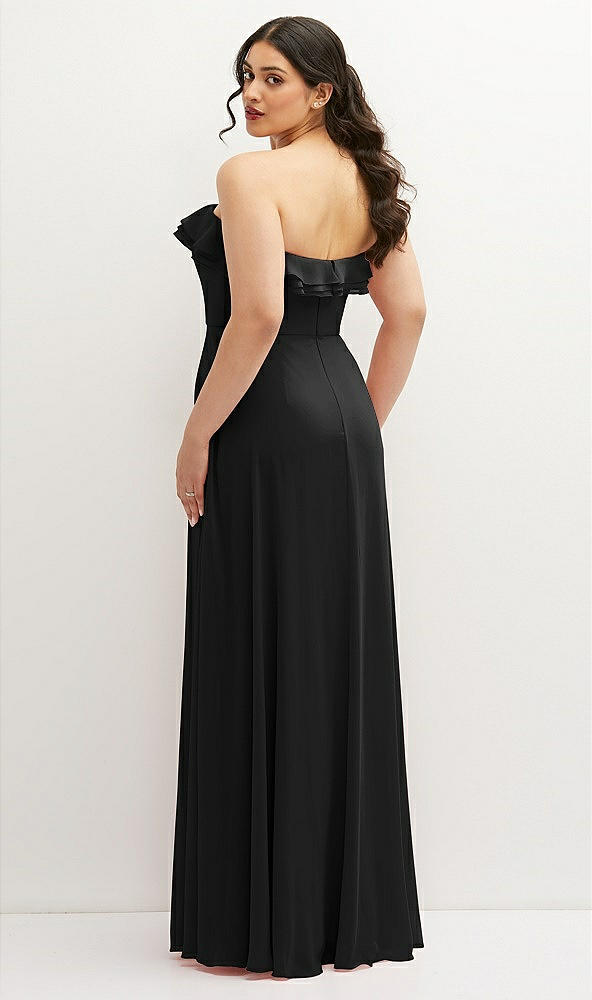 Back View - Black Tiered Ruffle Neck Strapless Maxi Dress with Front Slit
