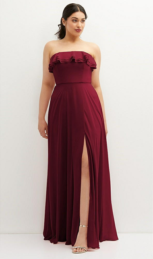 Front View - Burgundy Tiered Ruffle Neck Strapless Maxi Dress with Front Slit
