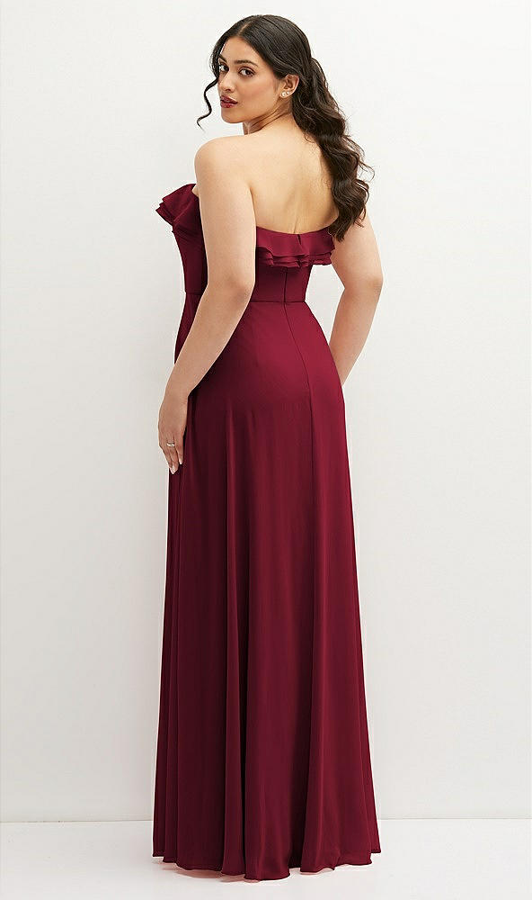 Back View - Burgundy Tiered Ruffle Neck Strapless Maxi Dress with Front Slit