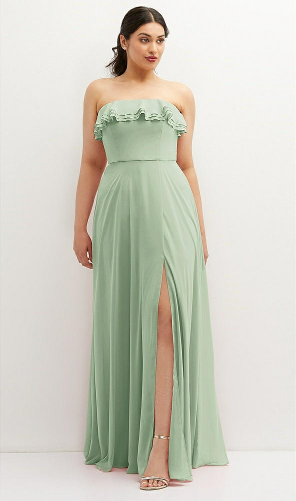 Front View - Celadon Tiered Ruffle Neck Strapless Maxi Dress with Front Slit