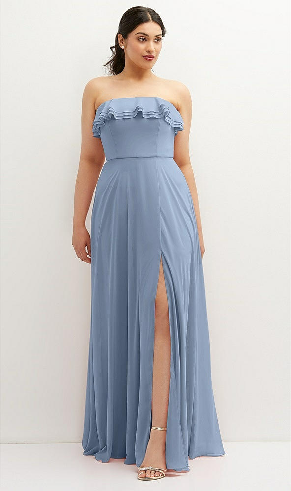 Front View - Cloudy Tiered Ruffle Neck Strapless Maxi Dress with Front Slit