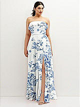 Front View Thumbnail - Cottage Rose Dusk Blue Tiered Ruffle Neck Strapless Maxi Dress with Front Slit