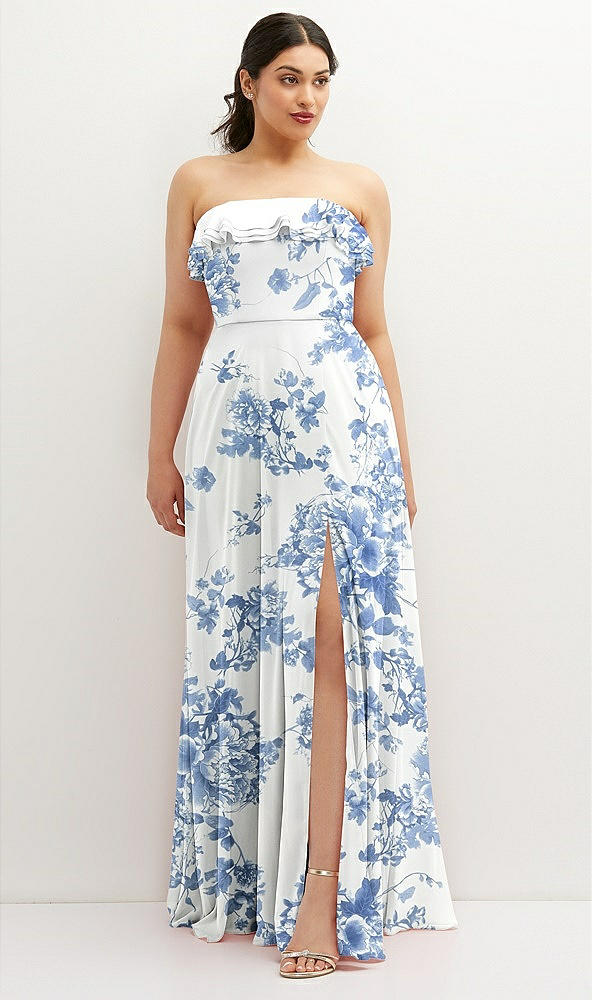 Front View - Cottage Rose Dusk Blue Tiered Ruffle Neck Strapless Maxi Dress with Front Slit