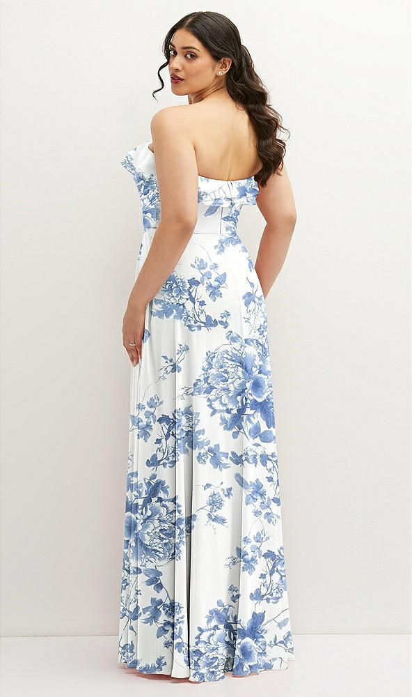 Back View - Cottage Rose Dusk Blue Tiered Ruffle Neck Strapless Maxi Dress with Front Slit