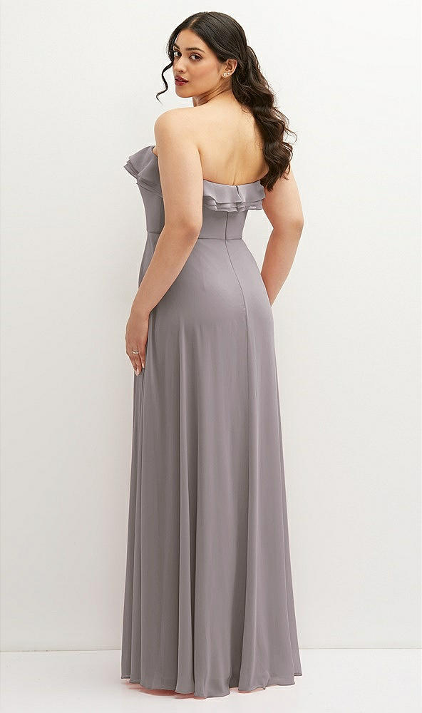 Back View - Cashmere Gray Tiered Ruffle Neck Strapless Maxi Dress with Front Slit