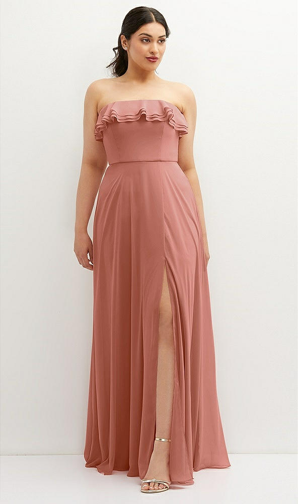 Front View - Desert Rose Tiered Ruffle Neck Strapless Maxi Dress with Front Slit