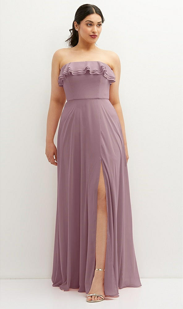 Front View - Dusty Rose Tiered Ruffle Neck Strapless Maxi Dress with Front Slit