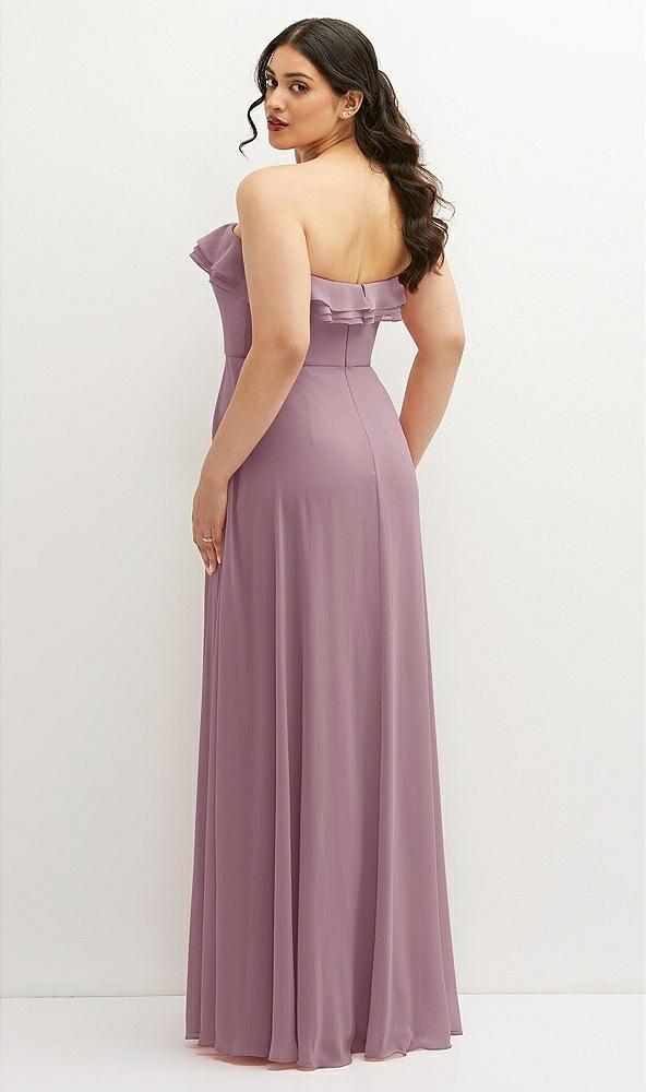 Back View - Dusty Rose Tiered Ruffle Neck Strapless Maxi Dress with Front Slit