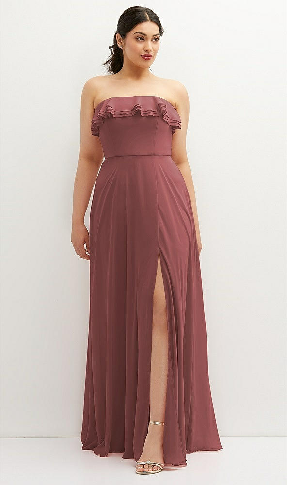 Front View - English Rose Tiered Ruffle Neck Strapless Maxi Dress with Front Slit