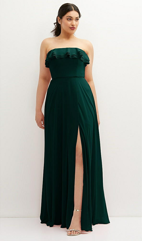 Front View - Evergreen Tiered Ruffle Neck Strapless Maxi Dress with Front Slit