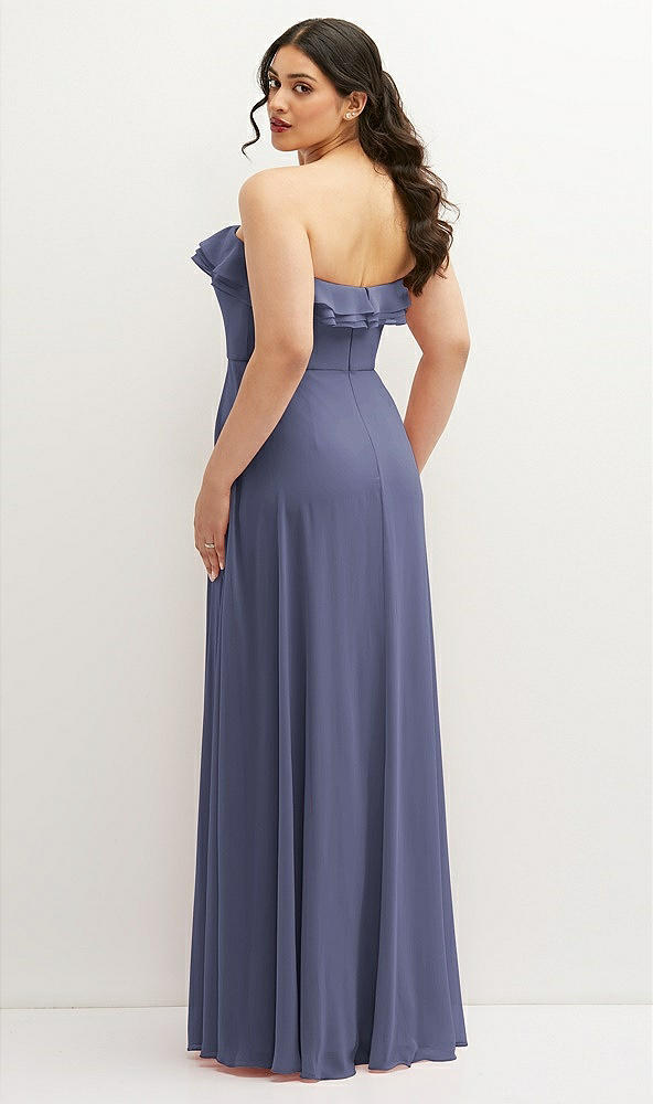 Back View - French Blue Tiered Ruffle Neck Strapless Maxi Dress with Front Slit
