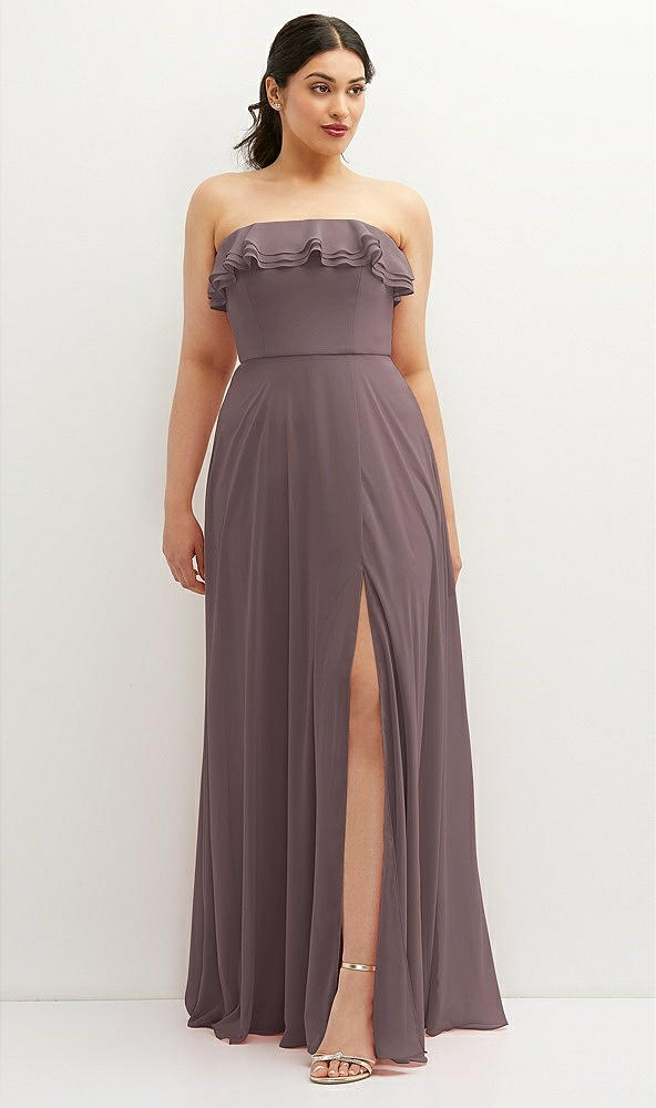Front View - French Truffle Tiered Ruffle Neck Strapless Maxi Dress with Front Slit