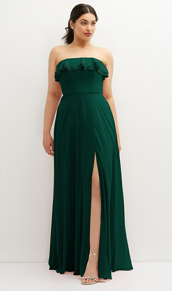 Front View - Hunter Green Tiered Ruffle Neck Strapless Maxi Dress with Front Slit