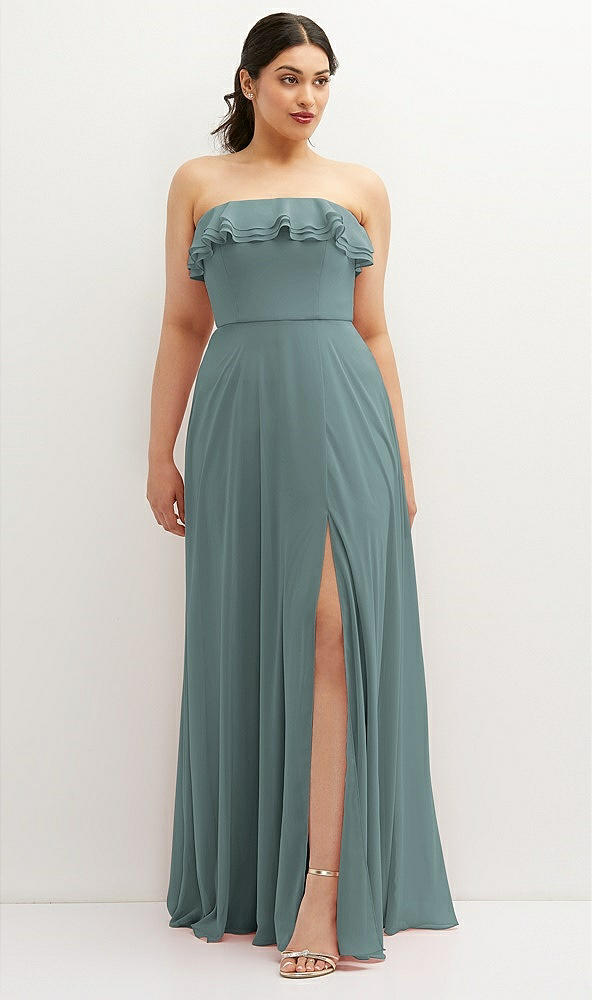 Front View - Icelandic Tiered Ruffle Neck Strapless Maxi Dress with Front Slit