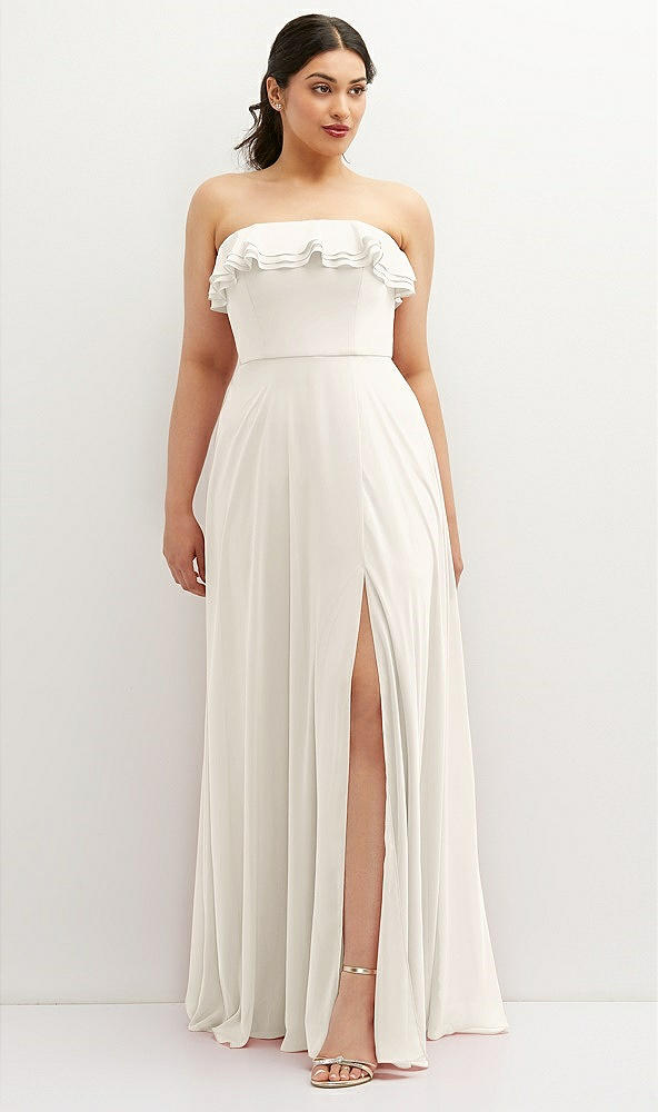 Front View - Ivory Tiered Ruffle Neck Strapless Maxi Dress with Front Slit