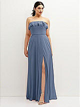 Front View Thumbnail - Larkspur Blue Tiered Ruffle Neck Strapless Maxi Dress with Front Slit