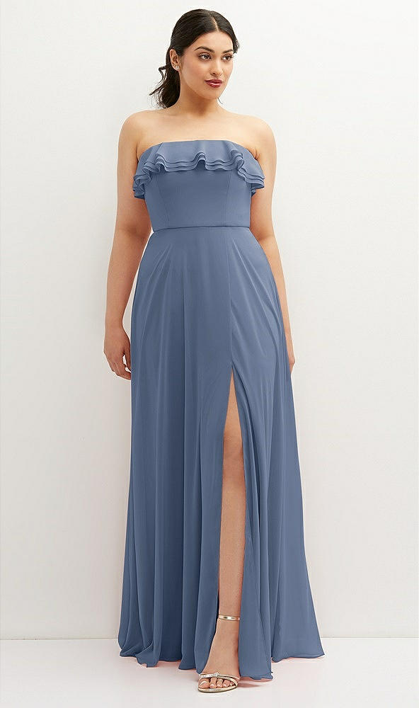 Front View - Larkspur Blue Tiered Ruffle Neck Strapless Maxi Dress with Front Slit
