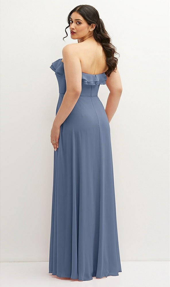 Back View - Larkspur Blue Tiered Ruffle Neck Strapless Maxi Dress with Front Slit