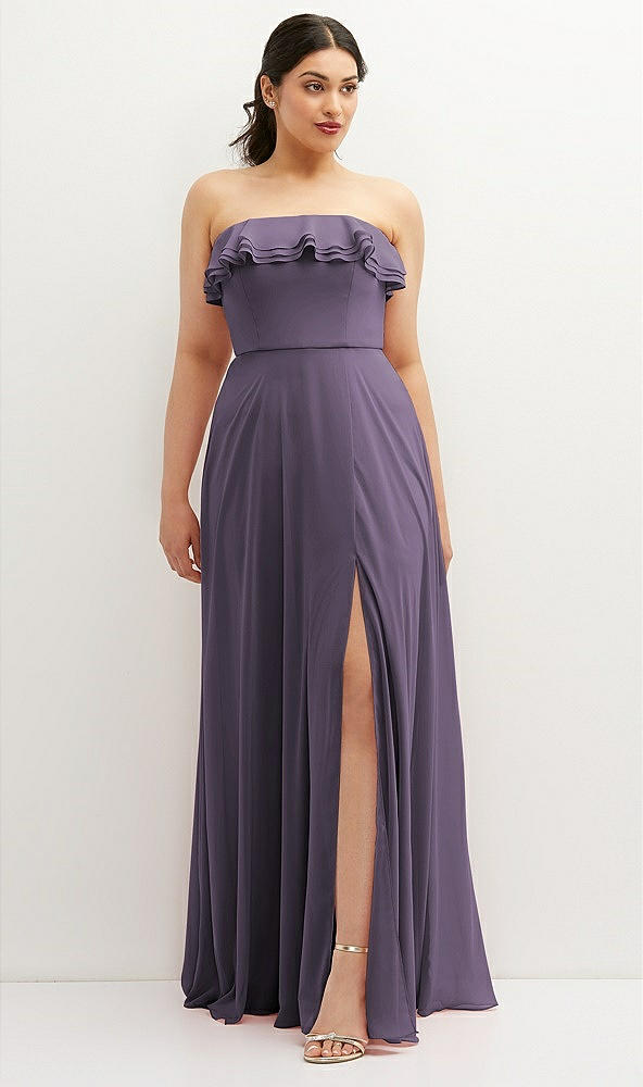 Front View - Lavender Tiered Ruffle Neck Strapless Maxi Dress with Front Slit