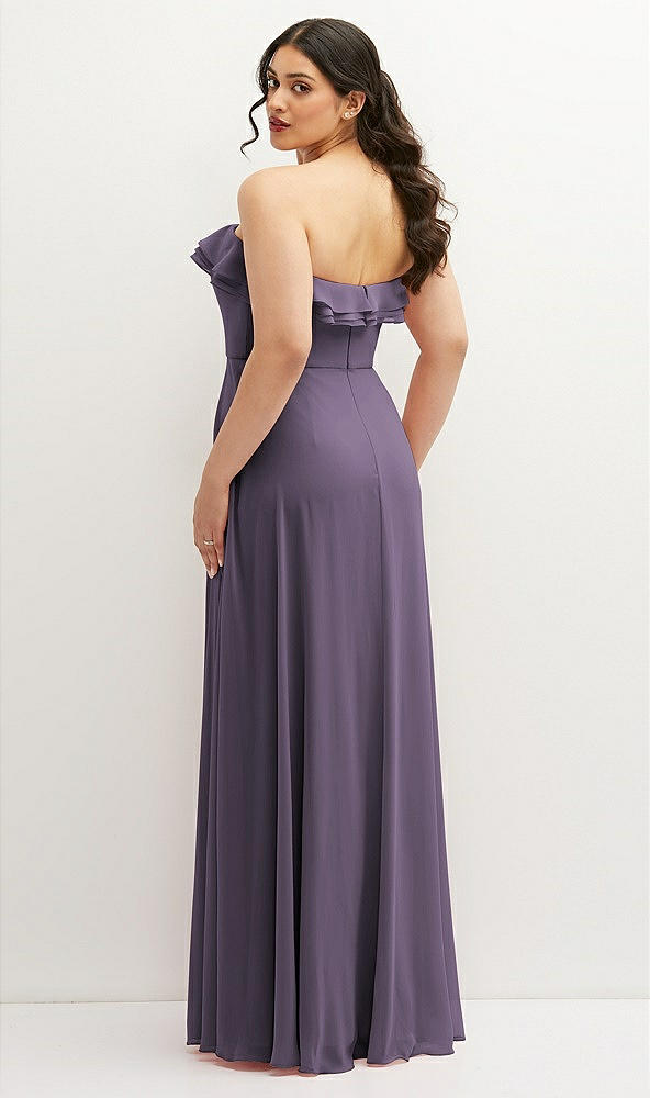 Back View - Lavender Tiered Ruffle Neck Strapless Maxi Dress with Front Slit