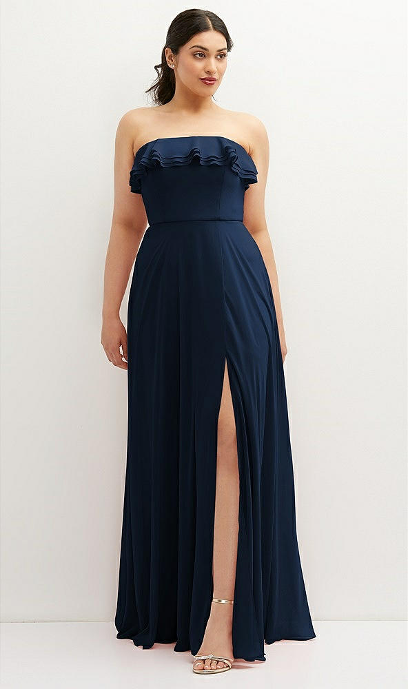 Front View - Midnight Navy Tiered Ruffle Neck Strapless Maxi Dress with Front Slit