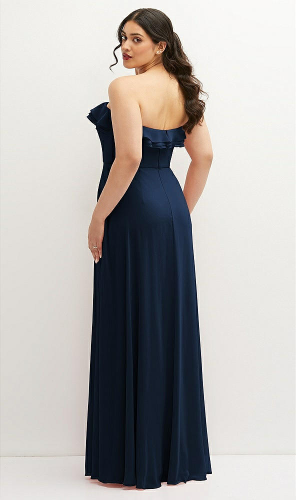 Back View - Midnight Navy Tiered Ruffle Neck Strapless Maxi Dress with Front Slit