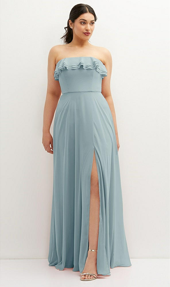 Front View - Morning Sky Tiered Ruffle Neck Strapless Maxi Dress with Front Slit