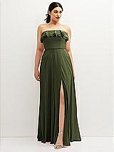 Front View Thumbnail - Olive Green Tiered Ruffle Neck Strapless Maxi Dress with Front Slit
