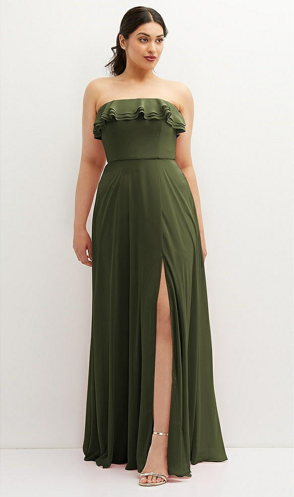 Front View - Olive Green Tiered Ruffle Neck Strapless Maxi Dress with Front Slit